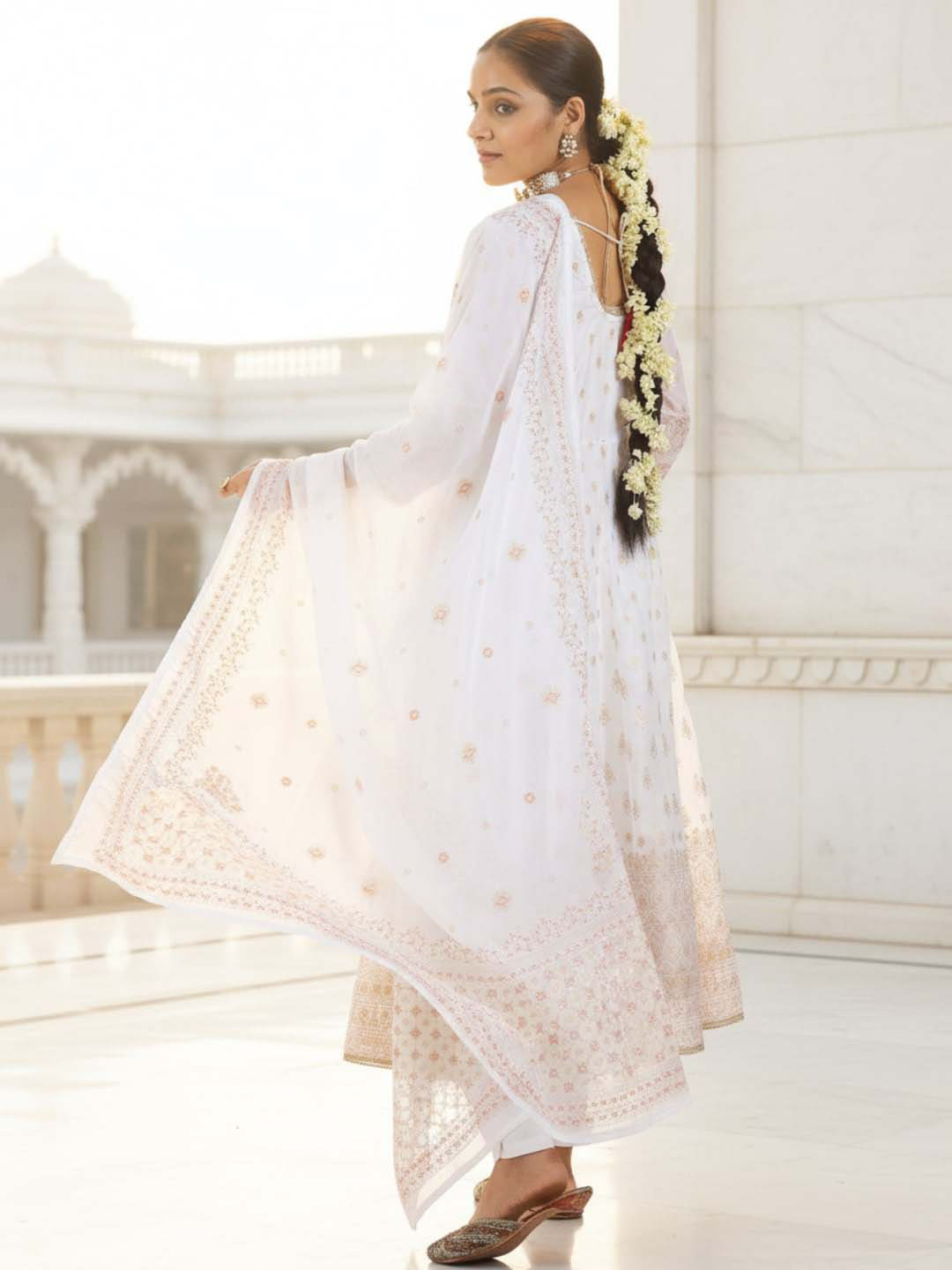 Libas Womens Off White Printed Organza Anarkali Kurta With Trousers & Dupatta