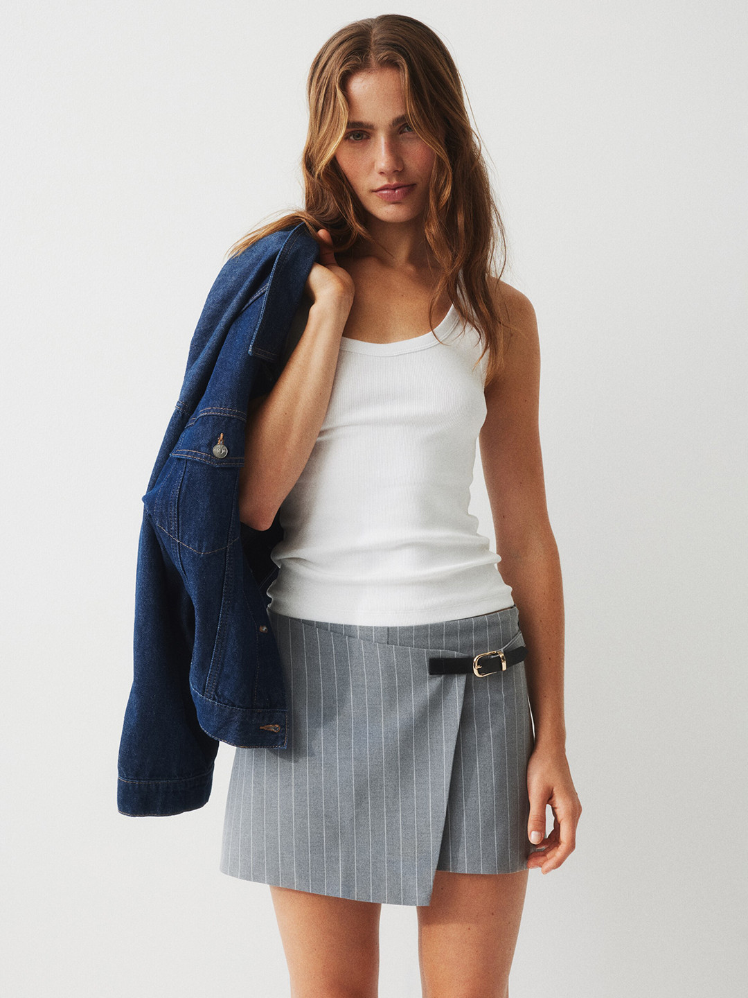 H&M Women Striped Wrap Skort Skirt with Metal Buckle Detail