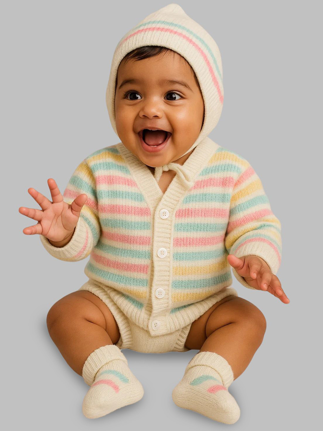 Little Angels Baby Girls Striped Woollen Cardigan Sweaters With Cap and Socks Set