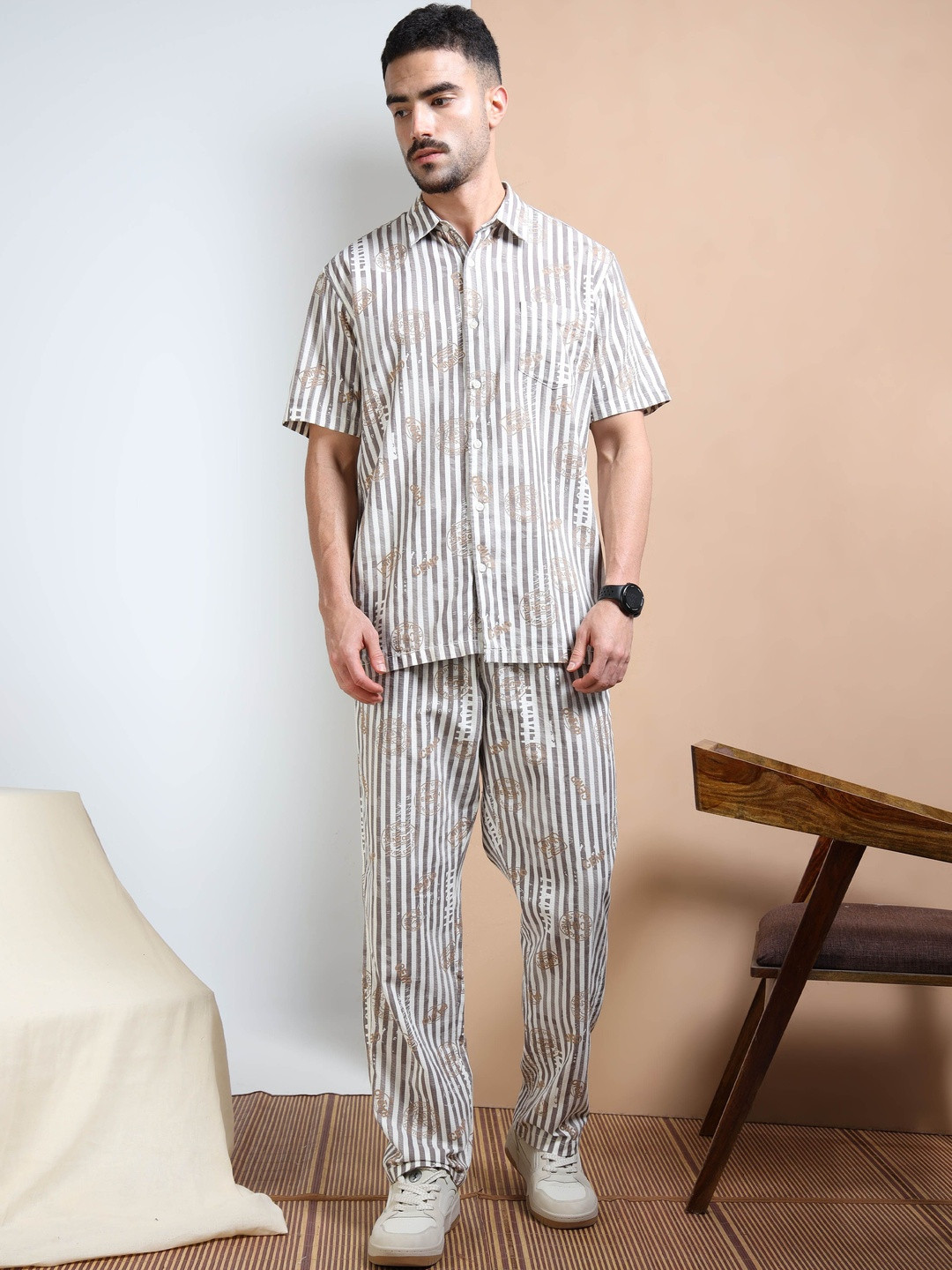 RIGS AND RAGS Chill Harmony Men Striped Shirt Collar-Neck Shirt With Trousers Co-Ords Set
