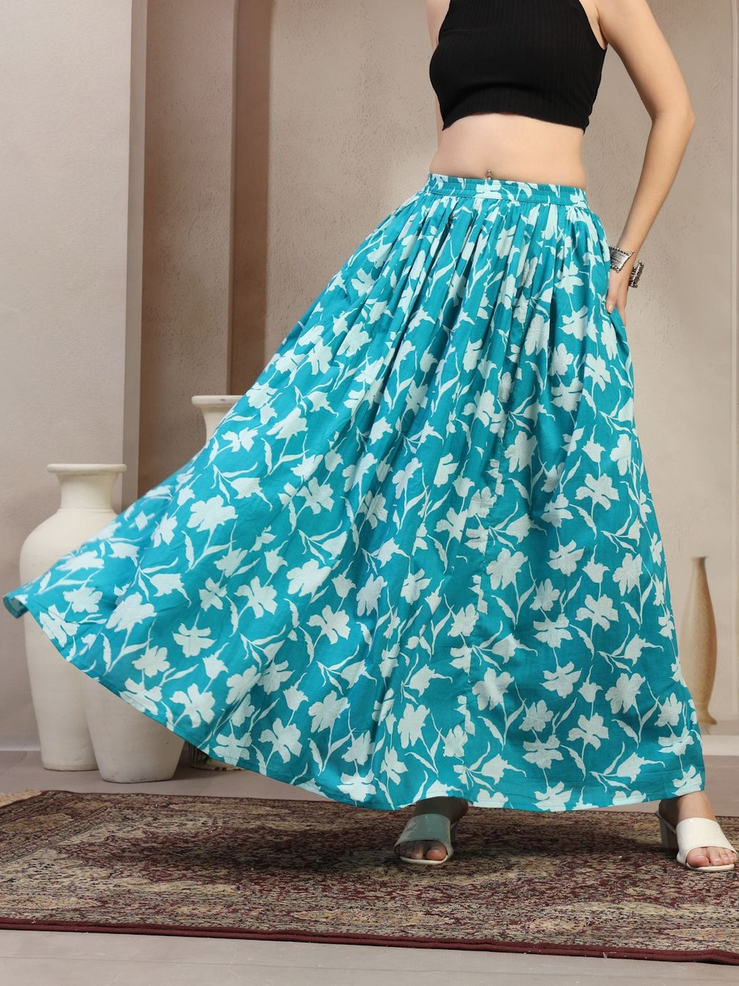 SUNEKH Women Self Design Floral Pure Cotton Flared Maxi Skirt