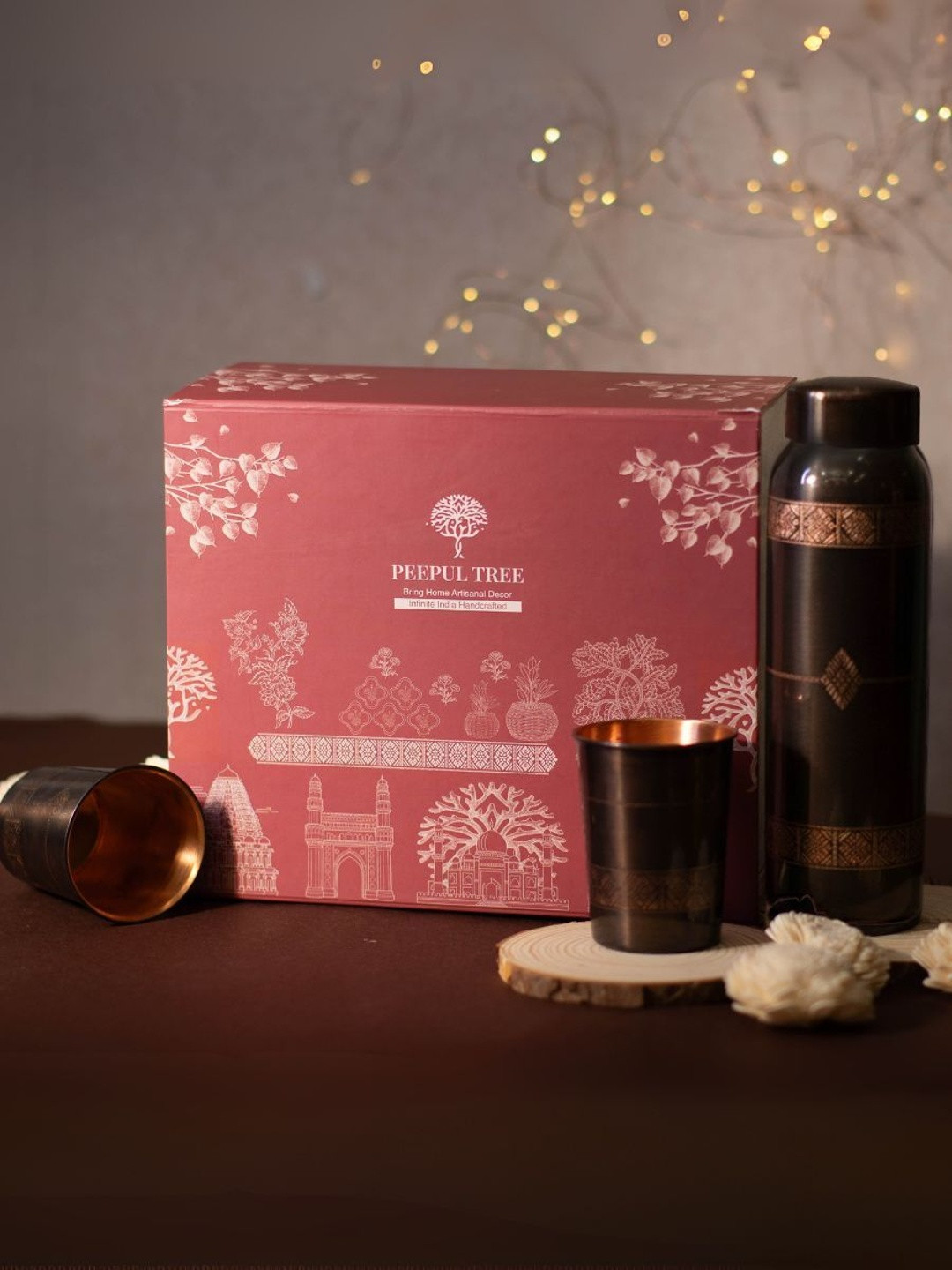 Peepul Tree 3 Pieces Pure Copper Water Bottle Set with 2 Glass