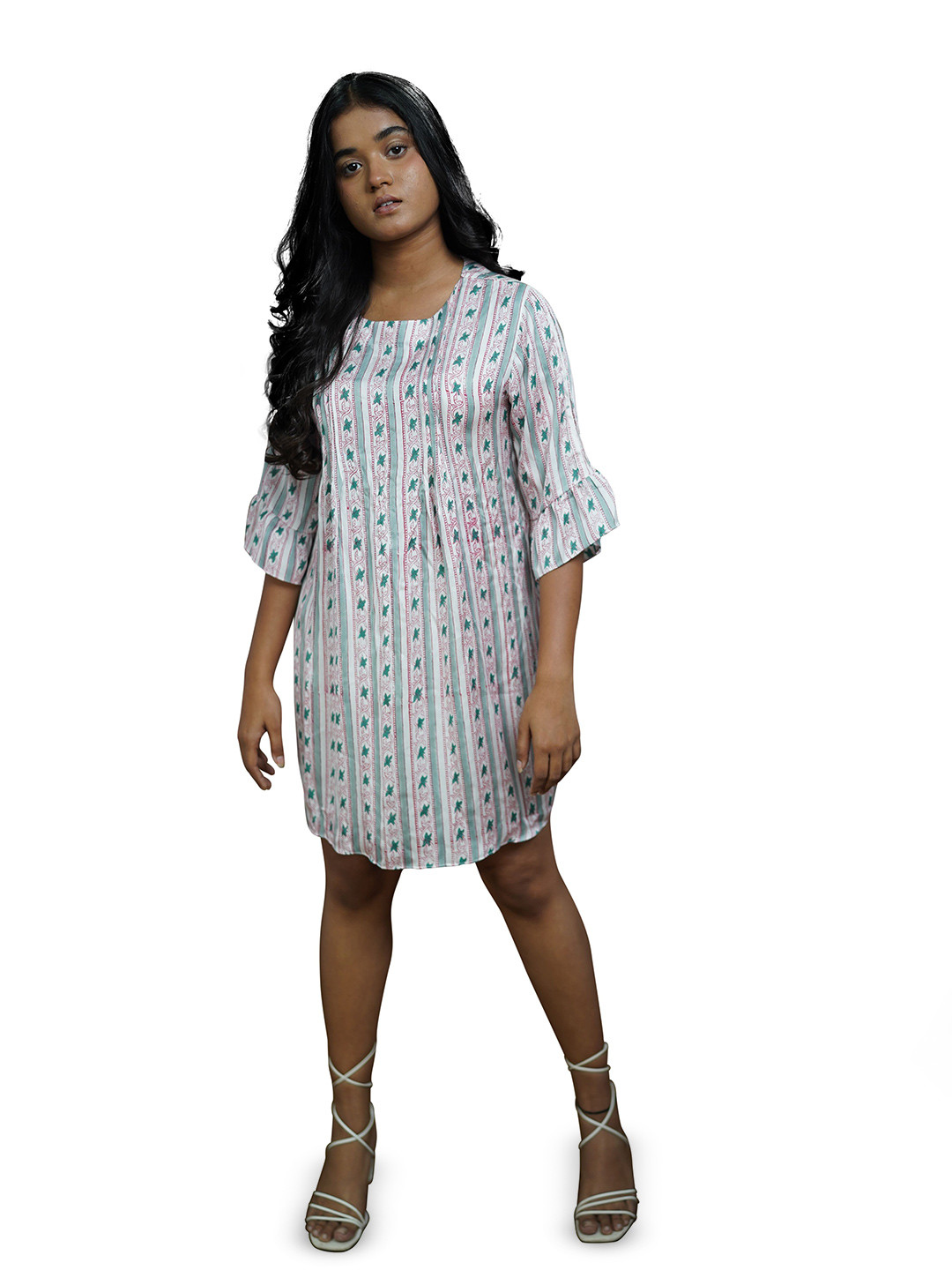 Joyee Kolkata Women Striped Flared Sleeve Georgette Dress