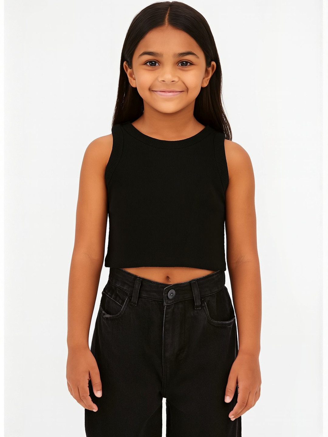 CHILINS Girls Ribbed Round Neck Cotton Tank Crop Top