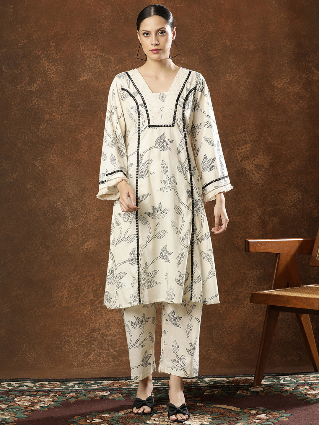 Anouk Women Cotton Printed A-Line Kurta with Palazzo Set