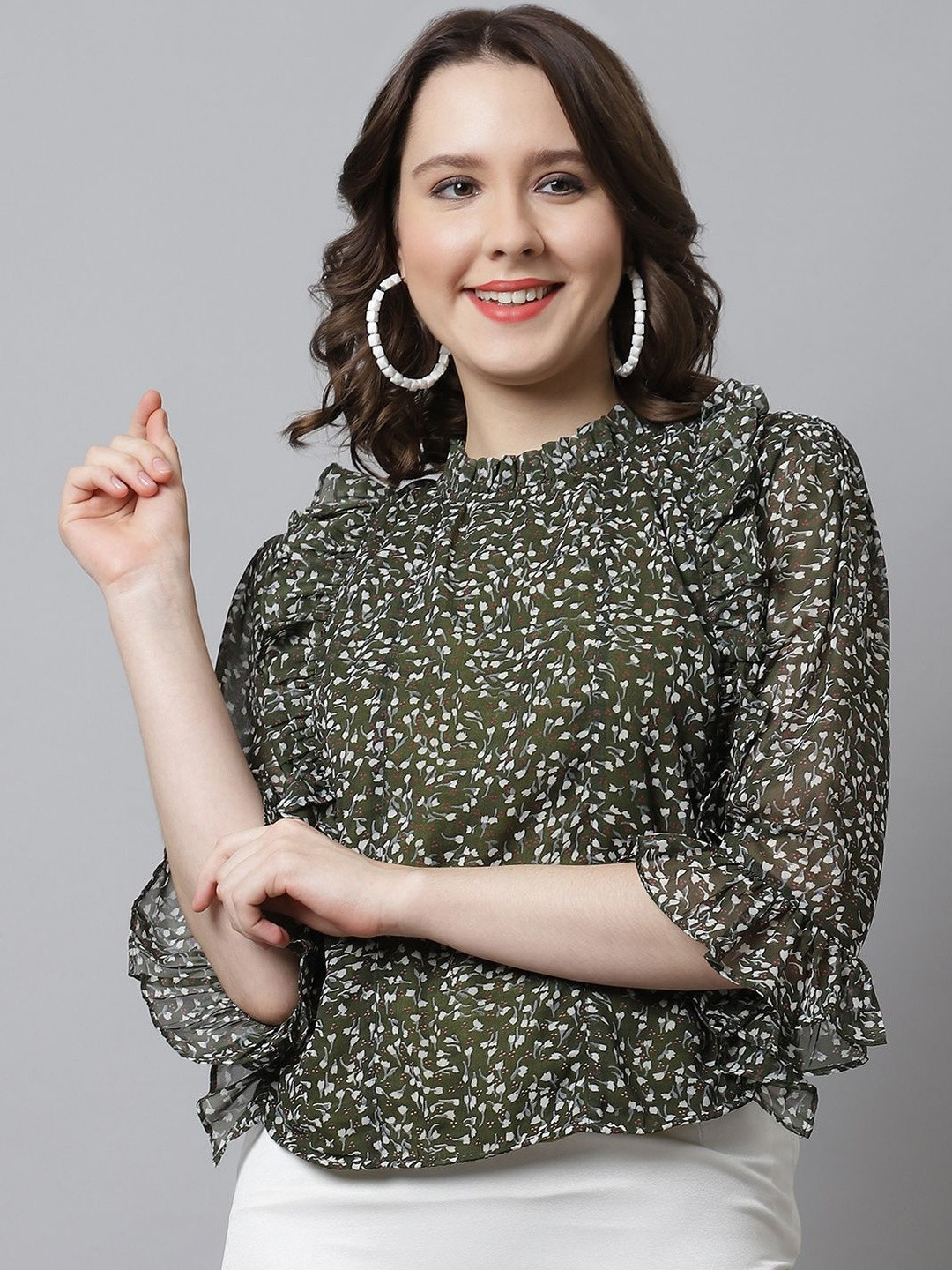 CORSICA Floral Print High Neck Bell Sleeve Ruffled Top