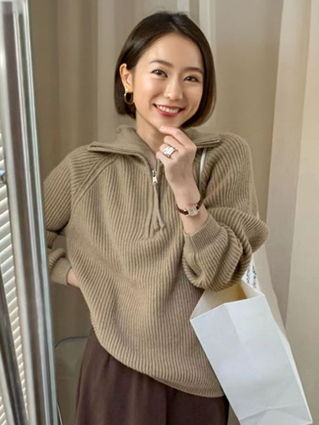 StyleCast Women Ribbed Shirt Collar Oversized Pullover Sweater