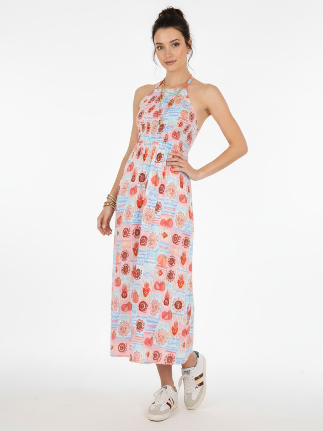 Peach & Blue Graphic Halter Neck Smocked A-Line Midi Dress
