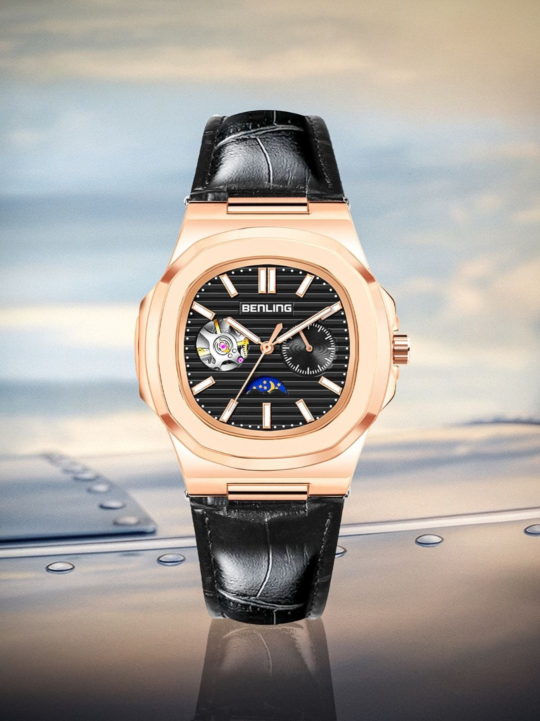 BENLING Men Dial & Leather Straps Analogue Automatic Watch BL-0009-RGOLD-BLK STR