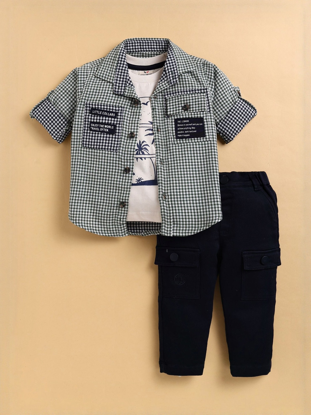 LITTLE COLLARS Boys Checked Long Sleeves Shirt With T-Shirt & Trouser