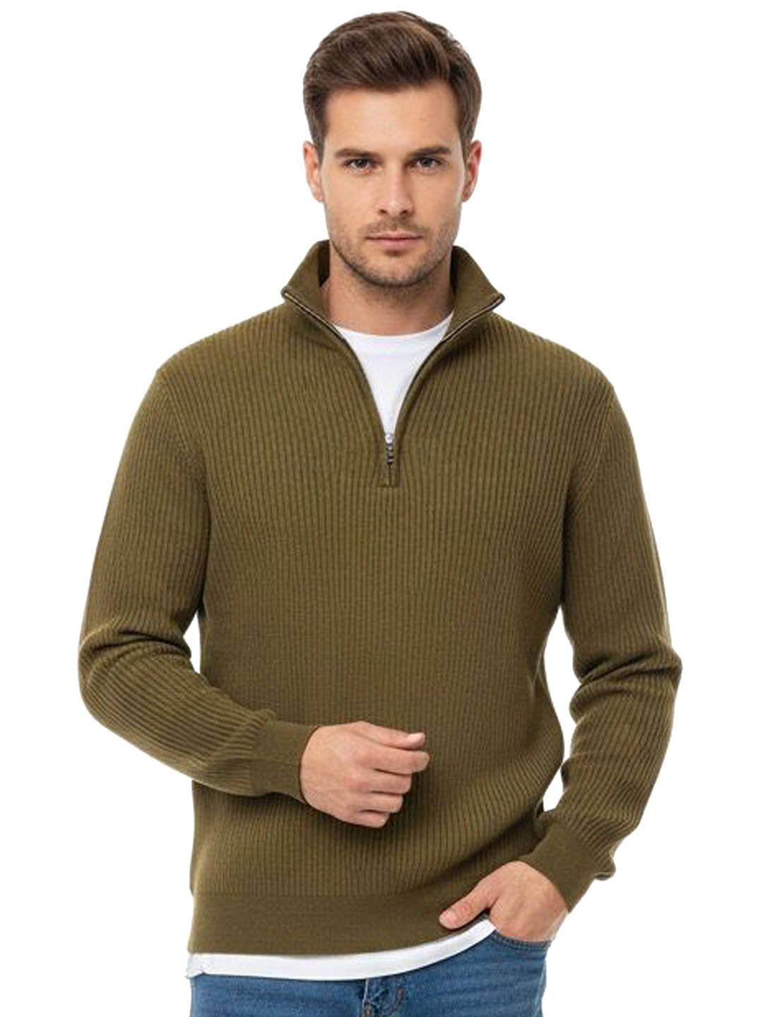 SHAUN Men Ribbed Mock Collar Wool Half Zipper Pullover Sweaters