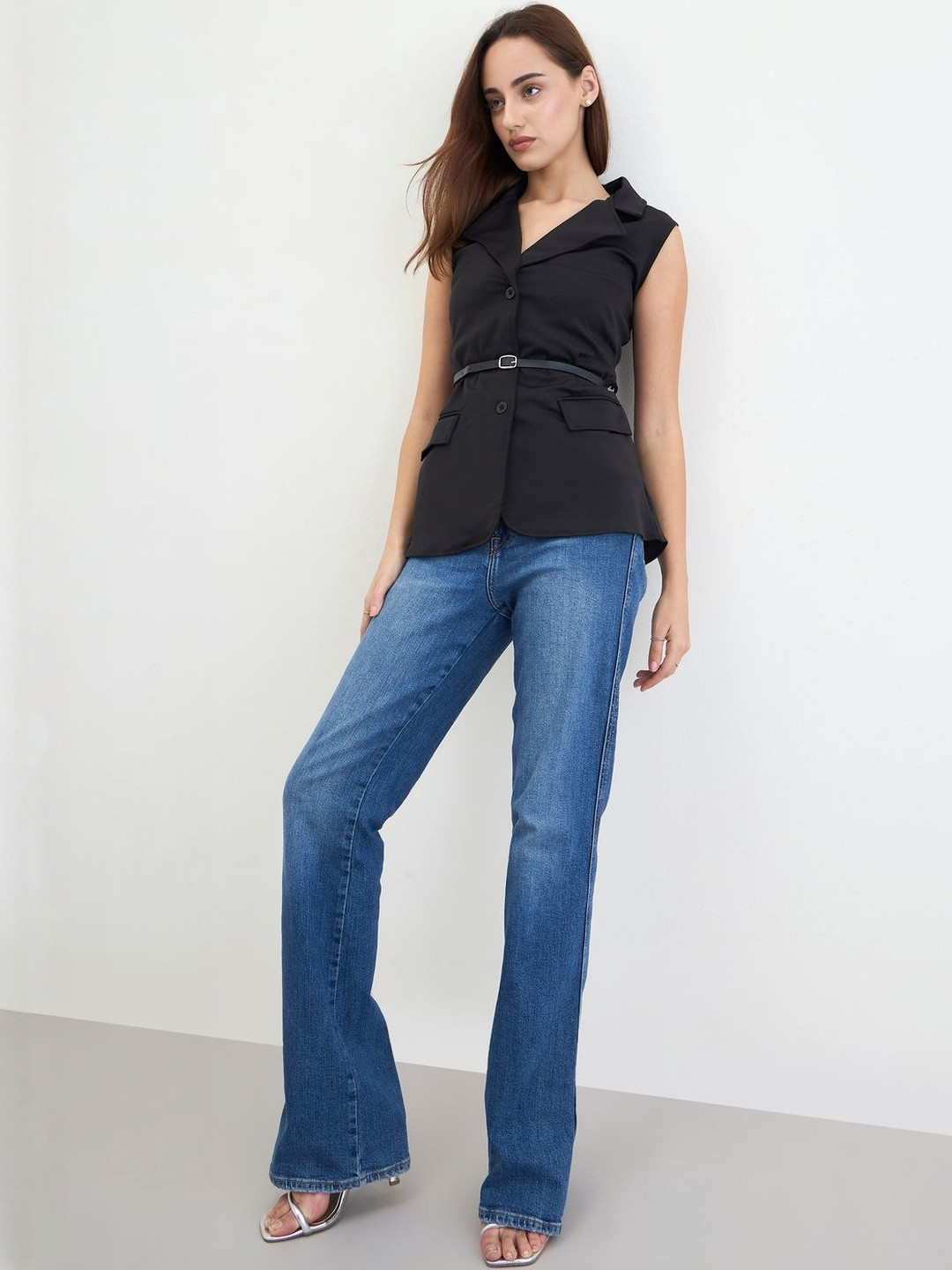 Styli Lapel Collar Longline Waistcoat With Belt