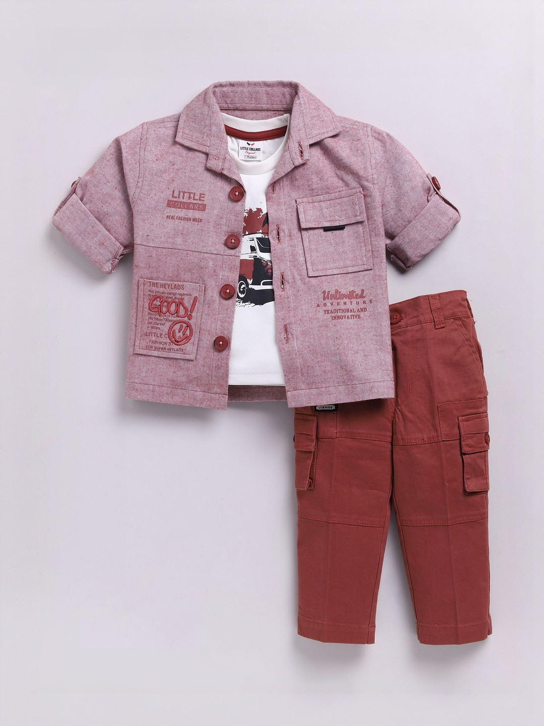 LITTLE COLLARS Boys Embroidered Polo Collar Long Sleeves Pure Cotton Shirt With Trousers