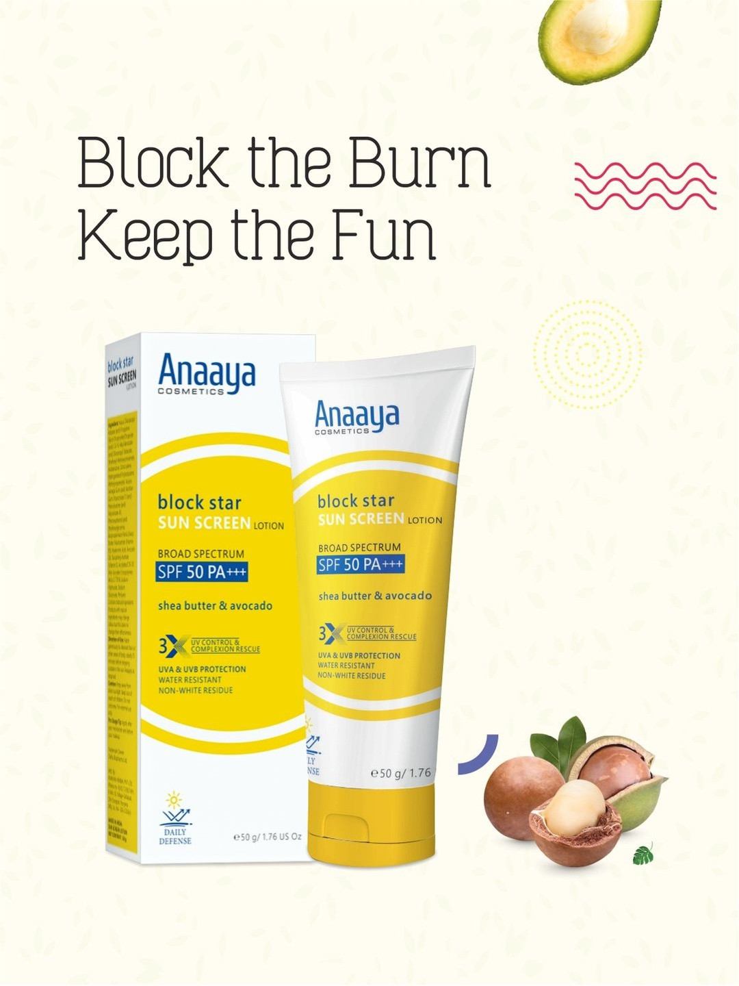 Anaaya Cosmetics Block Star Sun Screen Lotion SPF 50 PA+++ With Shea Butter & Avocado -50g