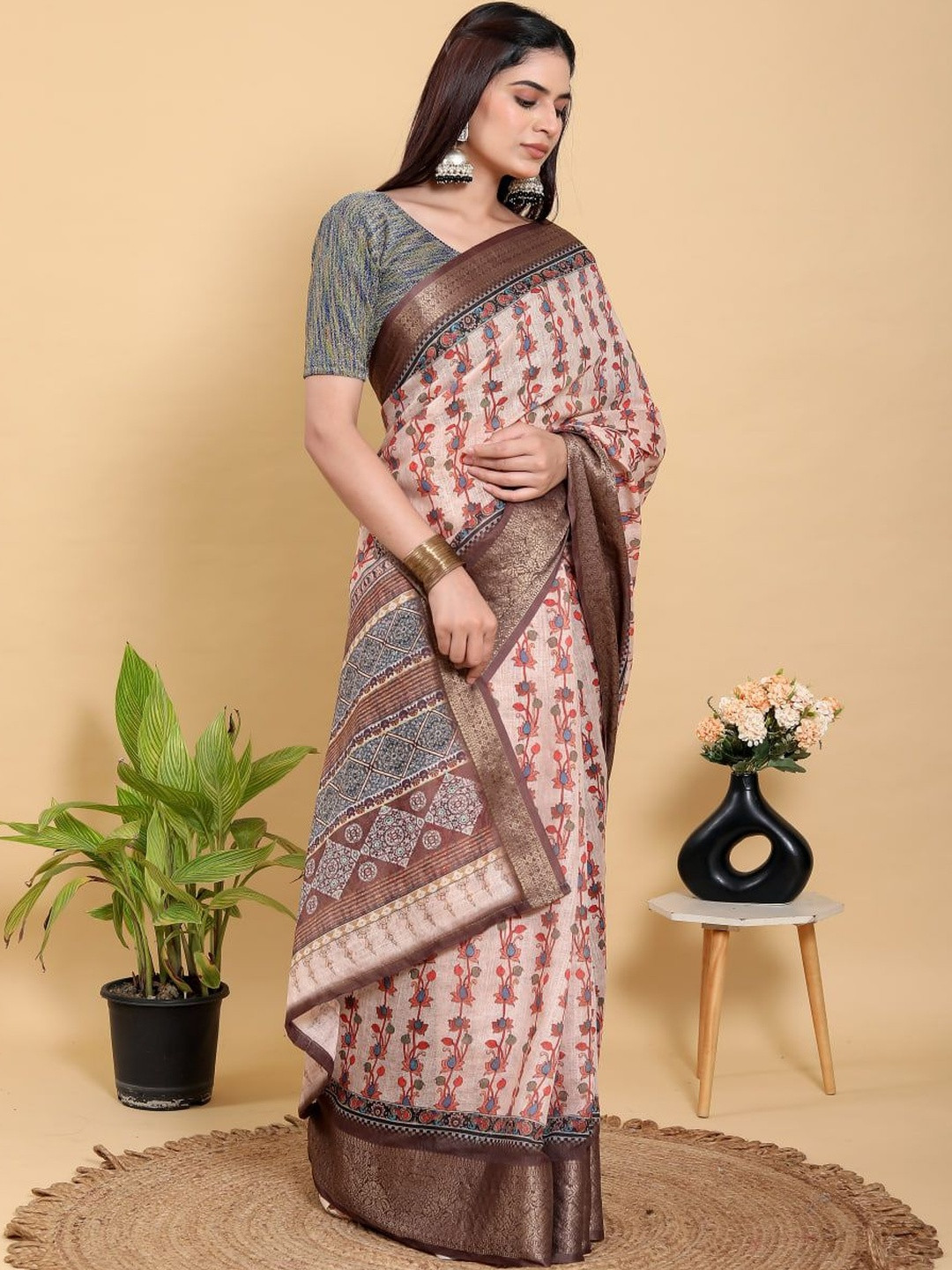 GOHILL ENTERPRISE Floral Pure Linen Handloom Saree