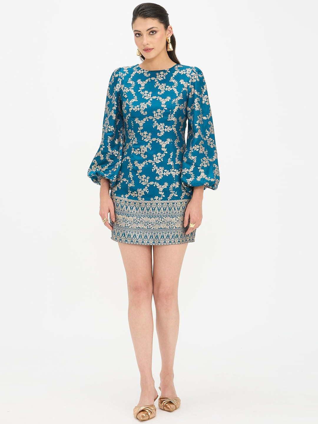 Virgio Women Printed Viscose Round Neck Long Balloon Sleeves Dresses