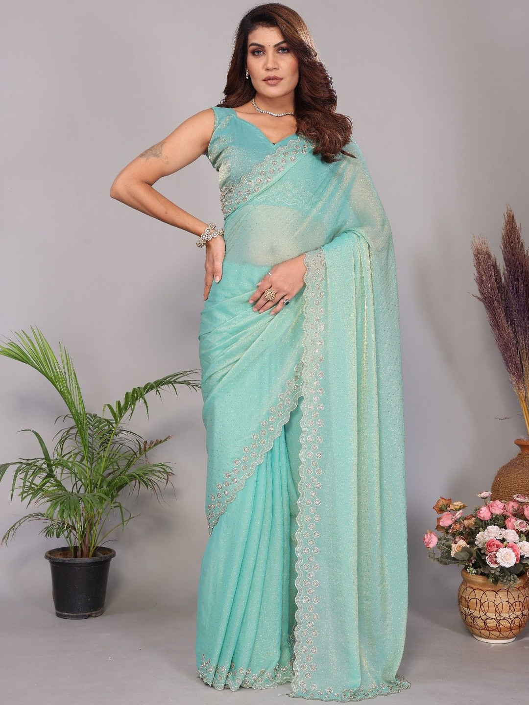 LDF studio Embellished Zari Satin Heavy Work Saree