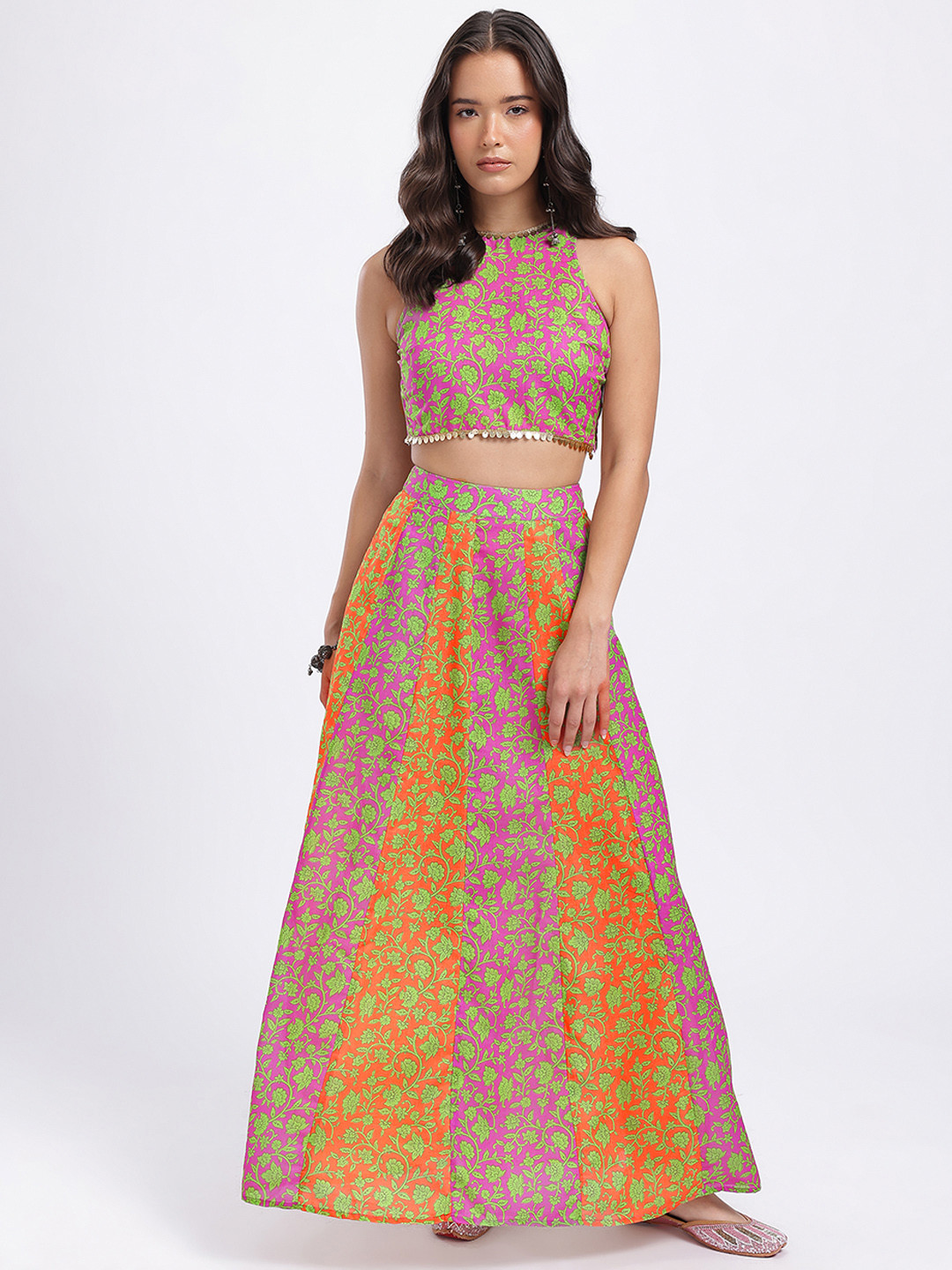 fusion by glitchez Floral Print Sleeveless Top with Maxi Skirt