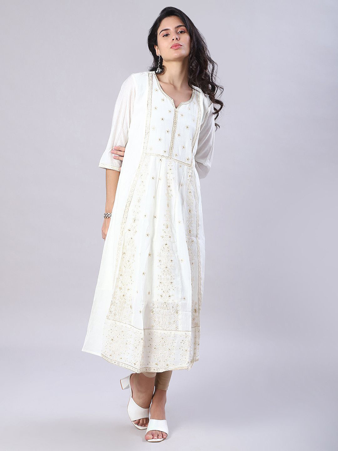 V-Mart Floral Embroidered Panelled Notch Neck Sequinned Pure Cotton A-Line Kurta