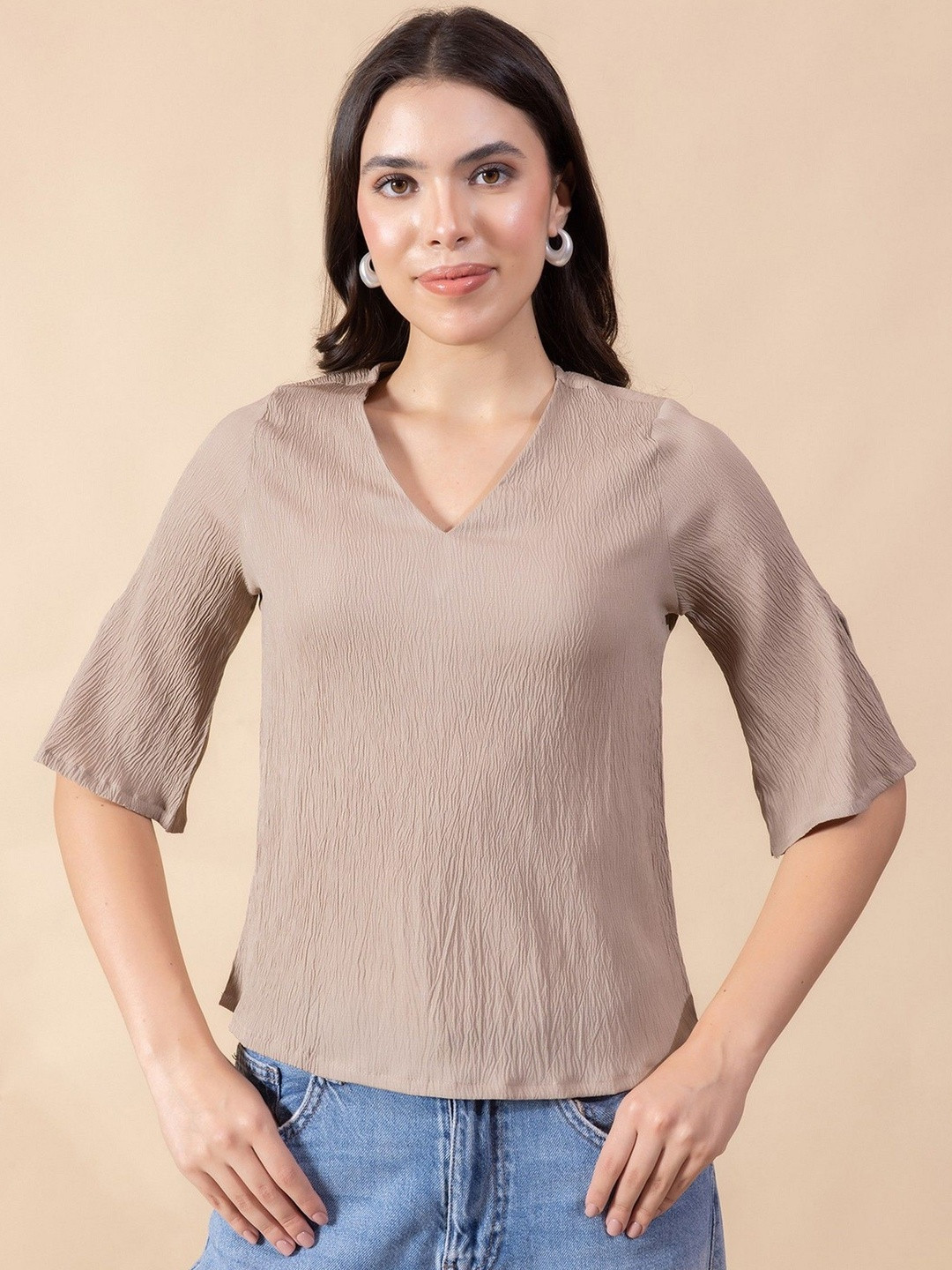 Masami Women's Snake Crepe Solid Beige Top