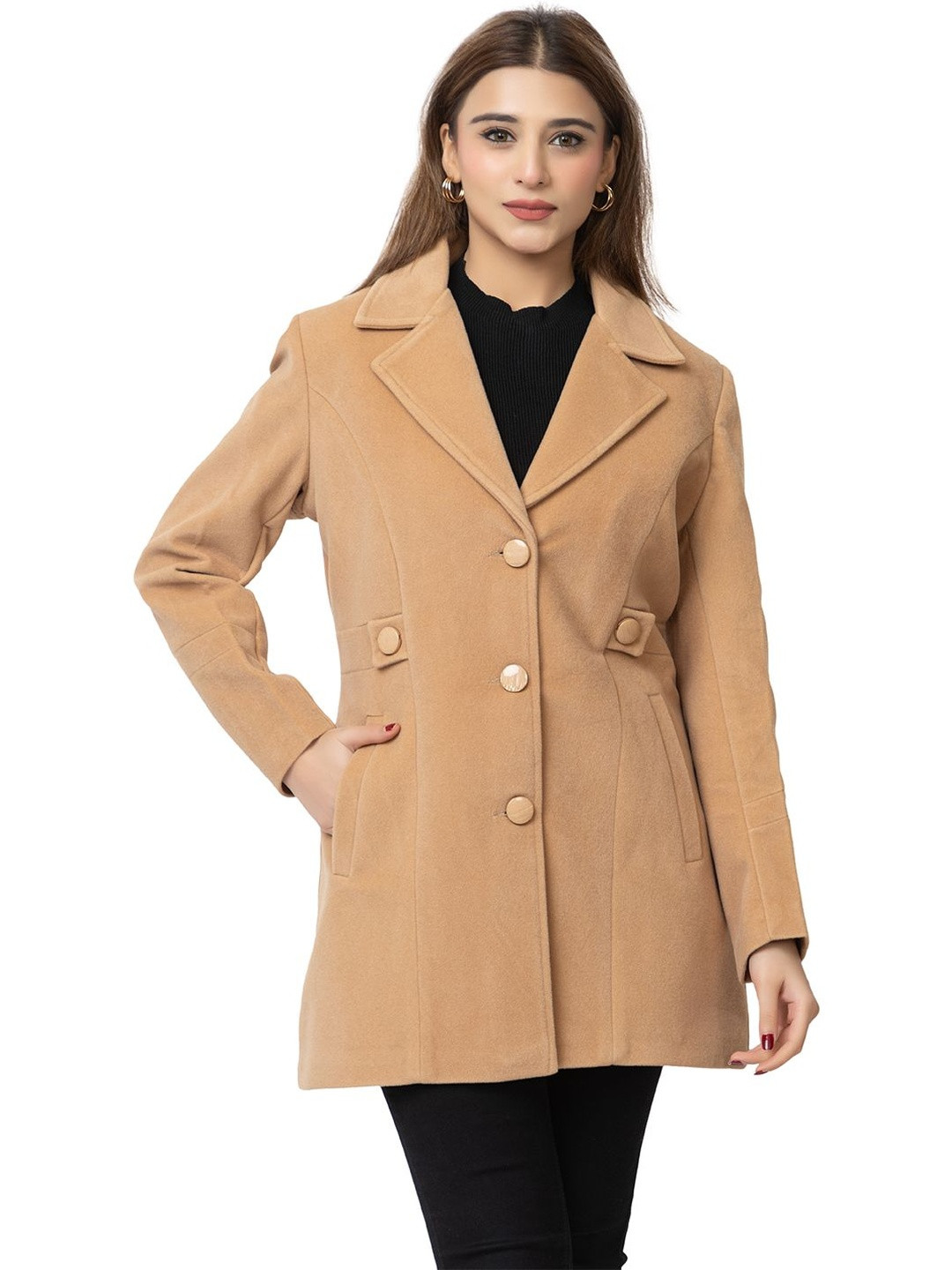 Lady Leaf Women Notched Lapel Collar Overcoat