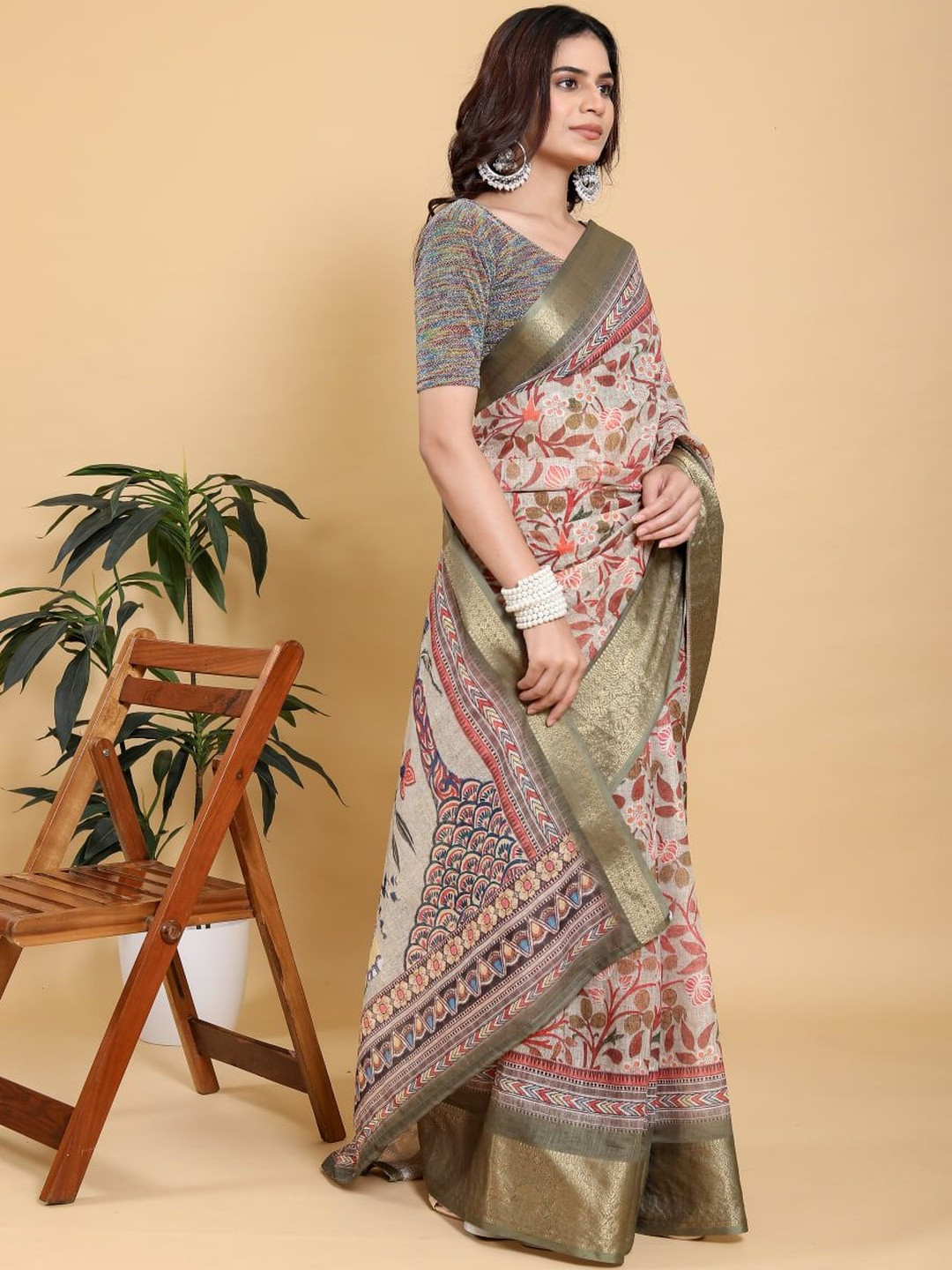 GOHILL ENTERPRISE Ethnic Motifs Pure Linen Handloom Saree