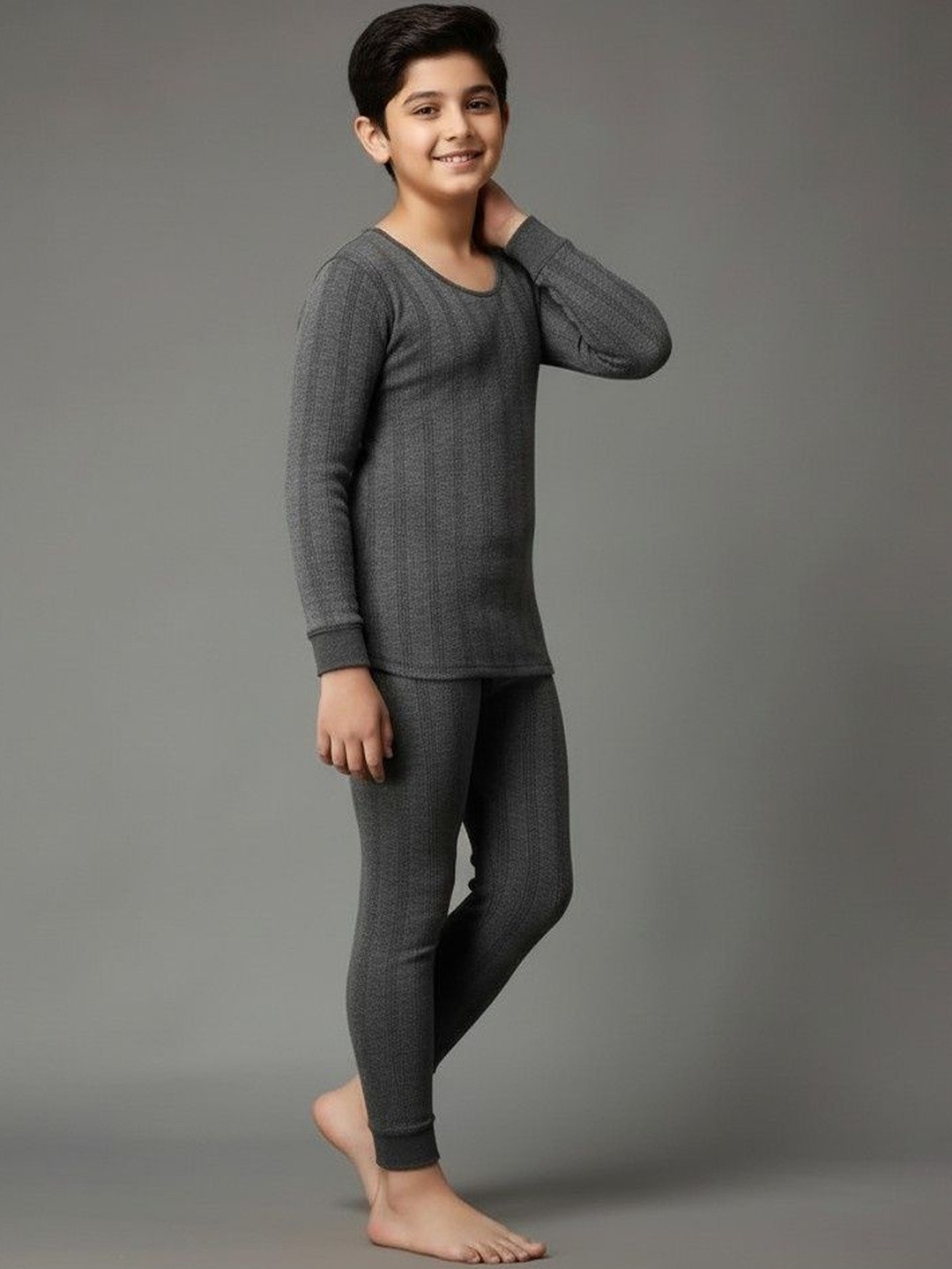 UNDERLOOP Kids Self Design Round Neck Cotton Thermal Set