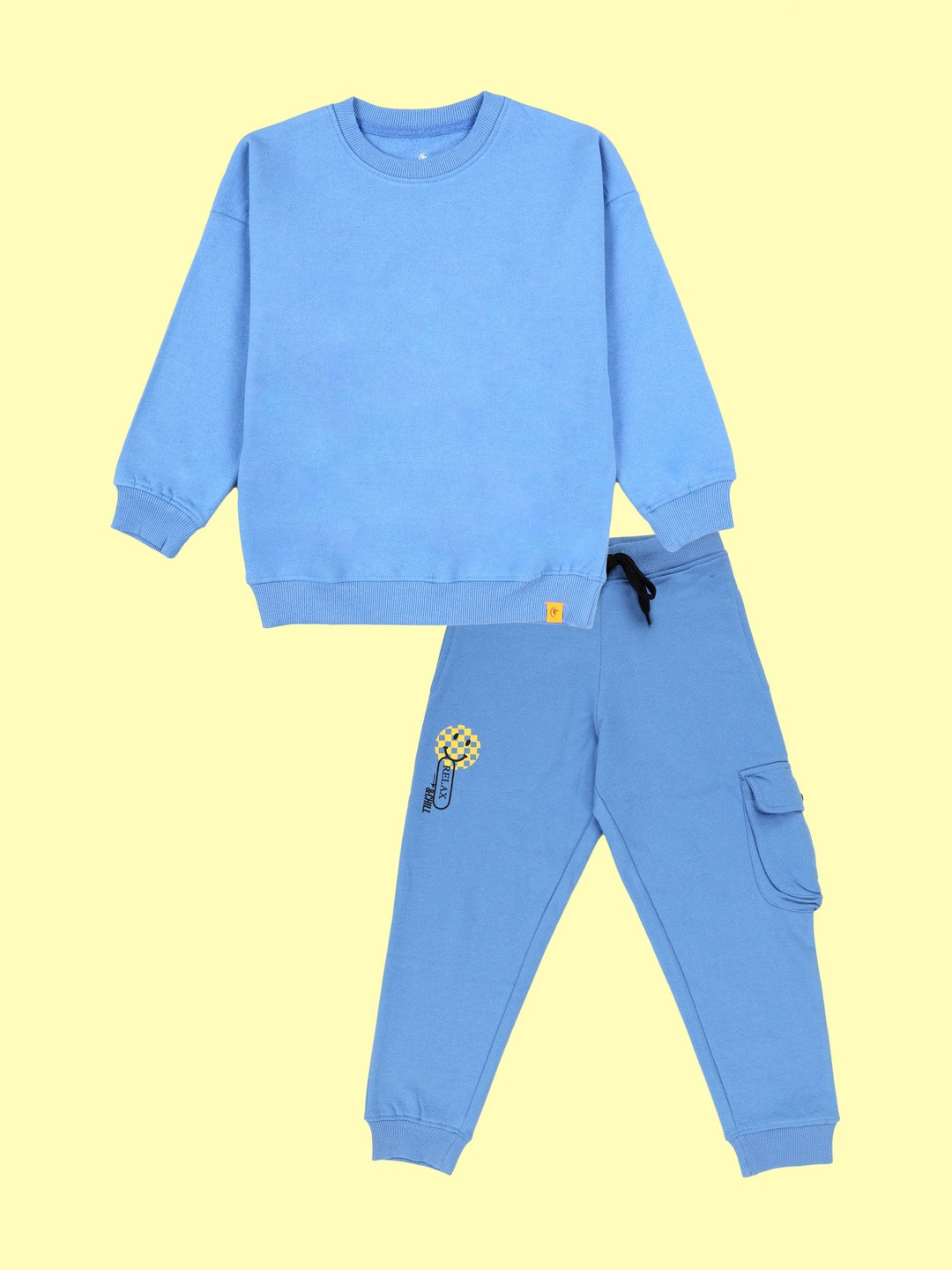 KiddoPanti Boys Solid Fleece Round Neck Sweatshirt & Single Cargo Pocket Tracksuits