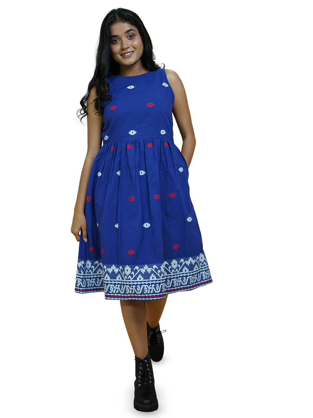 Joyee Kolkata Women Ethnic Motifs Printed Gathered Round Neck Cotton Fit & Flare Dress