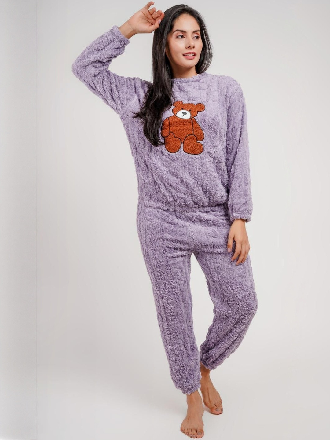 Lugo Women Teddy Bear Patch Round Neck Top With Joggers Night suit