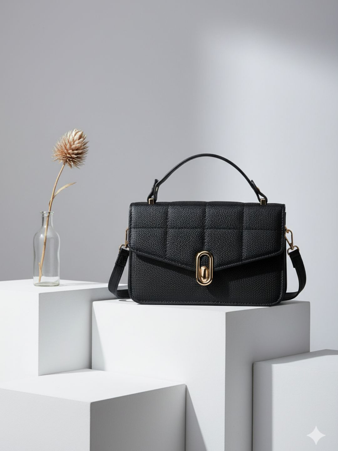 Flingo Women Black  Gold-Tone Clasp Textured Handbag