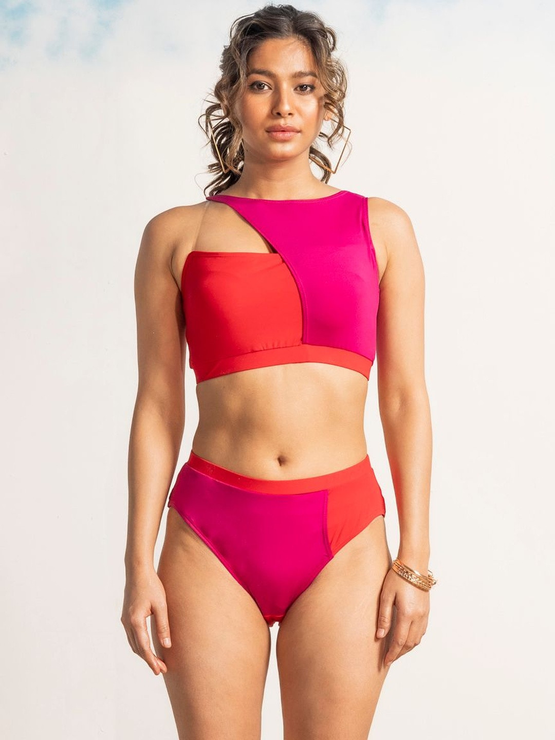 Aoba Colour-Blocked One Shoulder Neck Swim Bikini Set