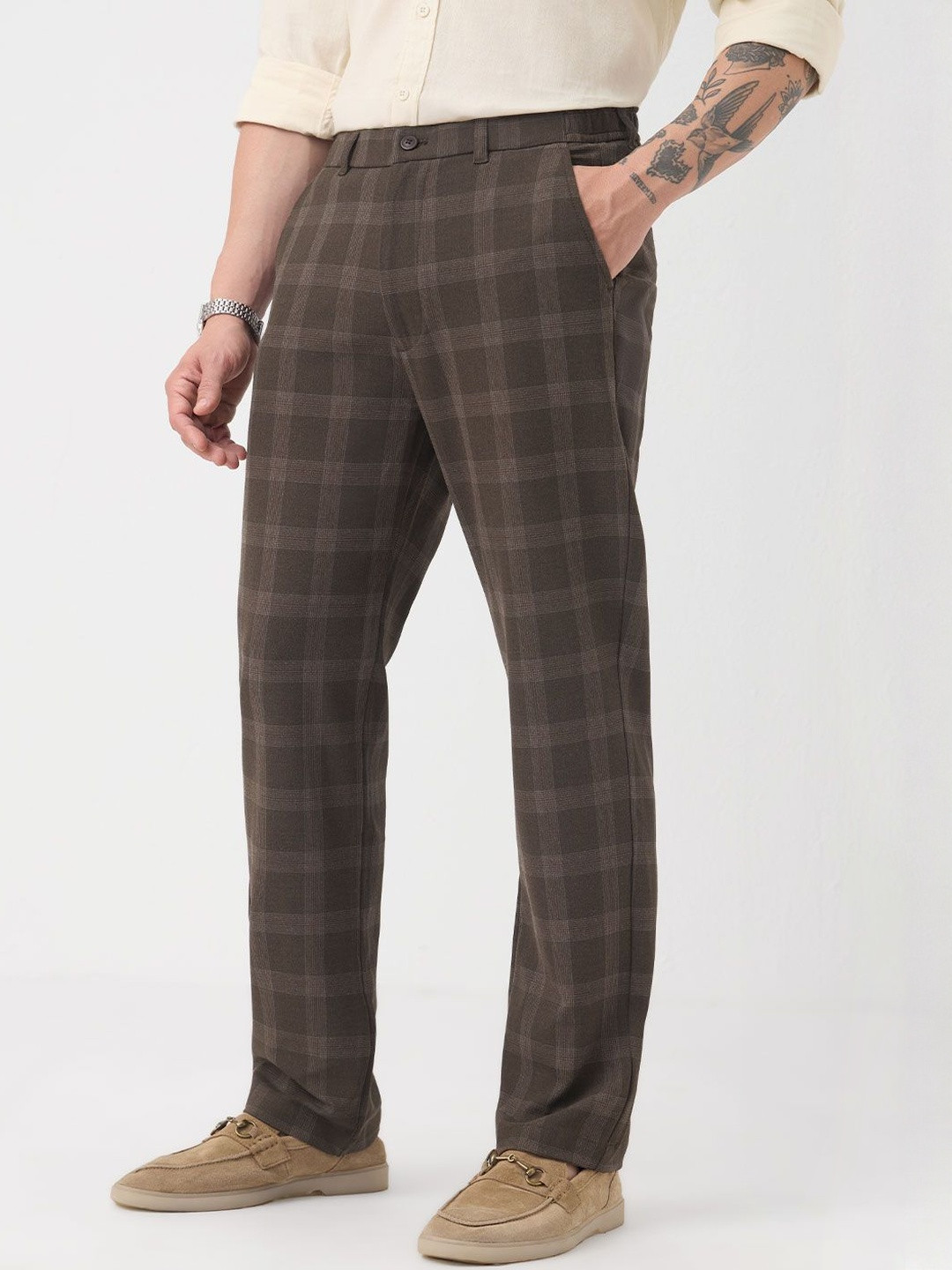 The Souled Store Men Checked Chestnut Classic Straight Fit Stretch Pants