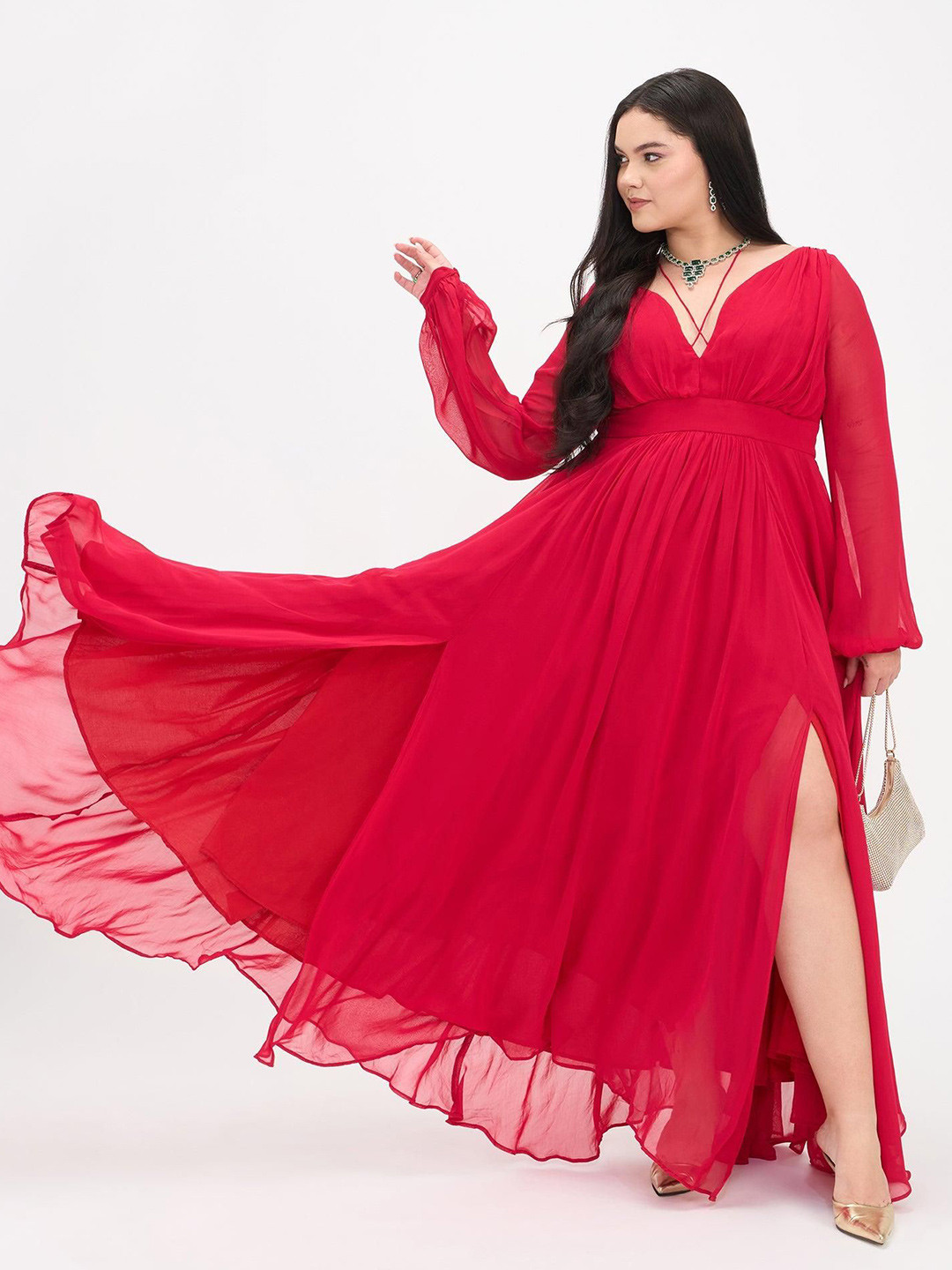 Virgio Women Solid Viscose V-Neck Long Sleeves Plus Size Dresses