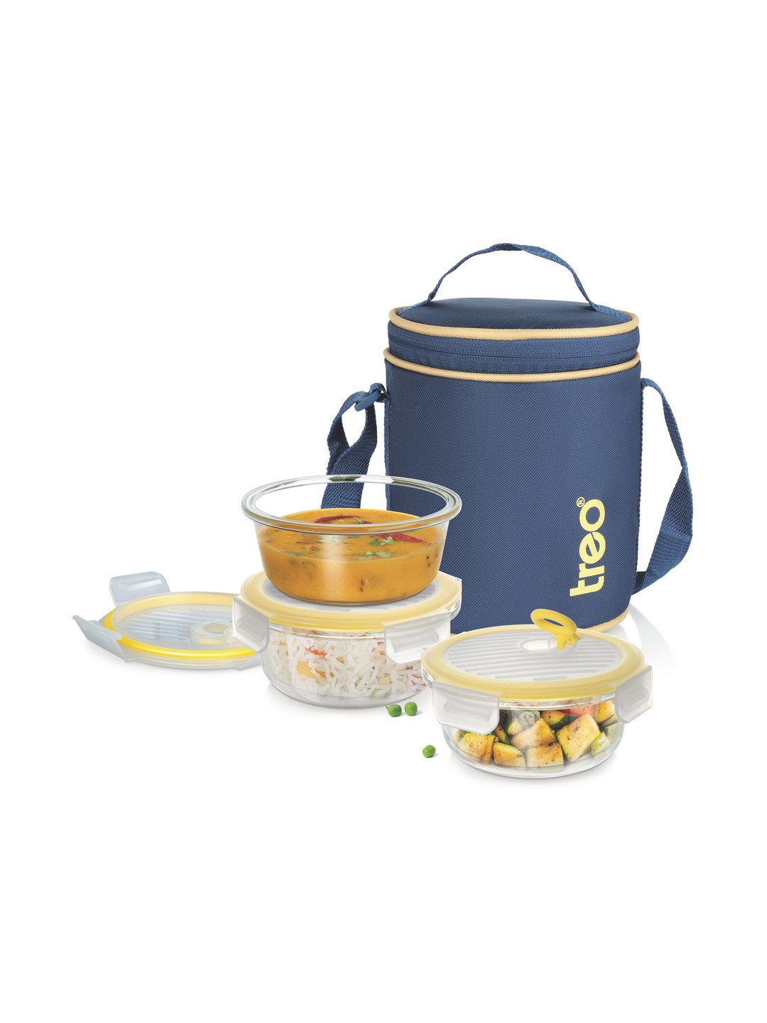 Treo 3 Pieces Blue All Fresh Borosilicate Glass Round Carry Jacket Lunch Box - 400 ml