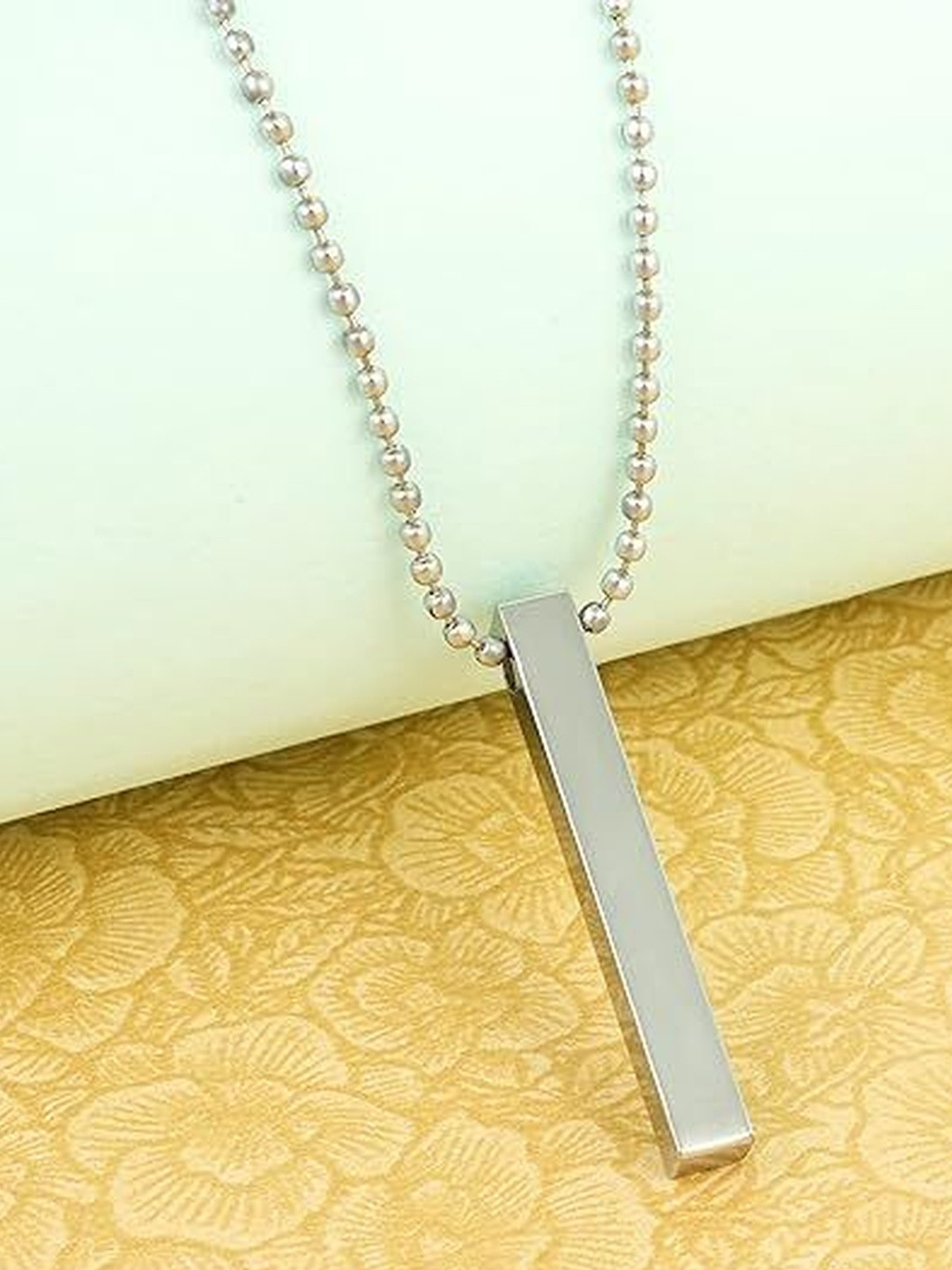 KRENOZ Men Silver-Plated Stainless Steel Rectangular Shaped Bar Pendant With Chain