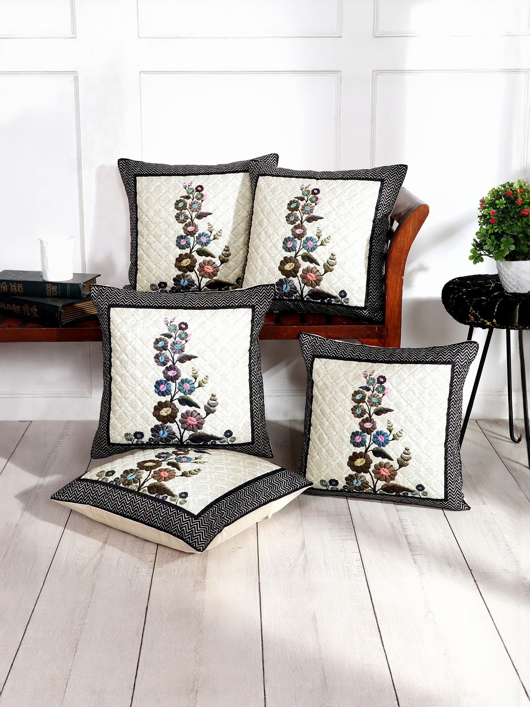 BLUEDOT Grey & Green Floral Velvet 5 Pieces Square Cushion Covers-16 inch x 16 inch