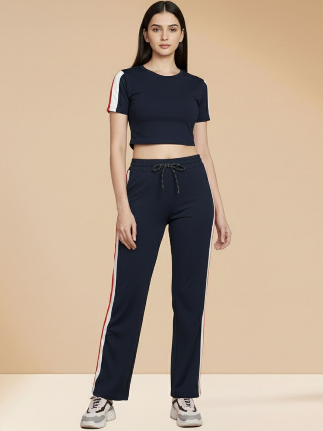 Moda Rapido Women Striped Round Neck Top & Trouser Tracksuits