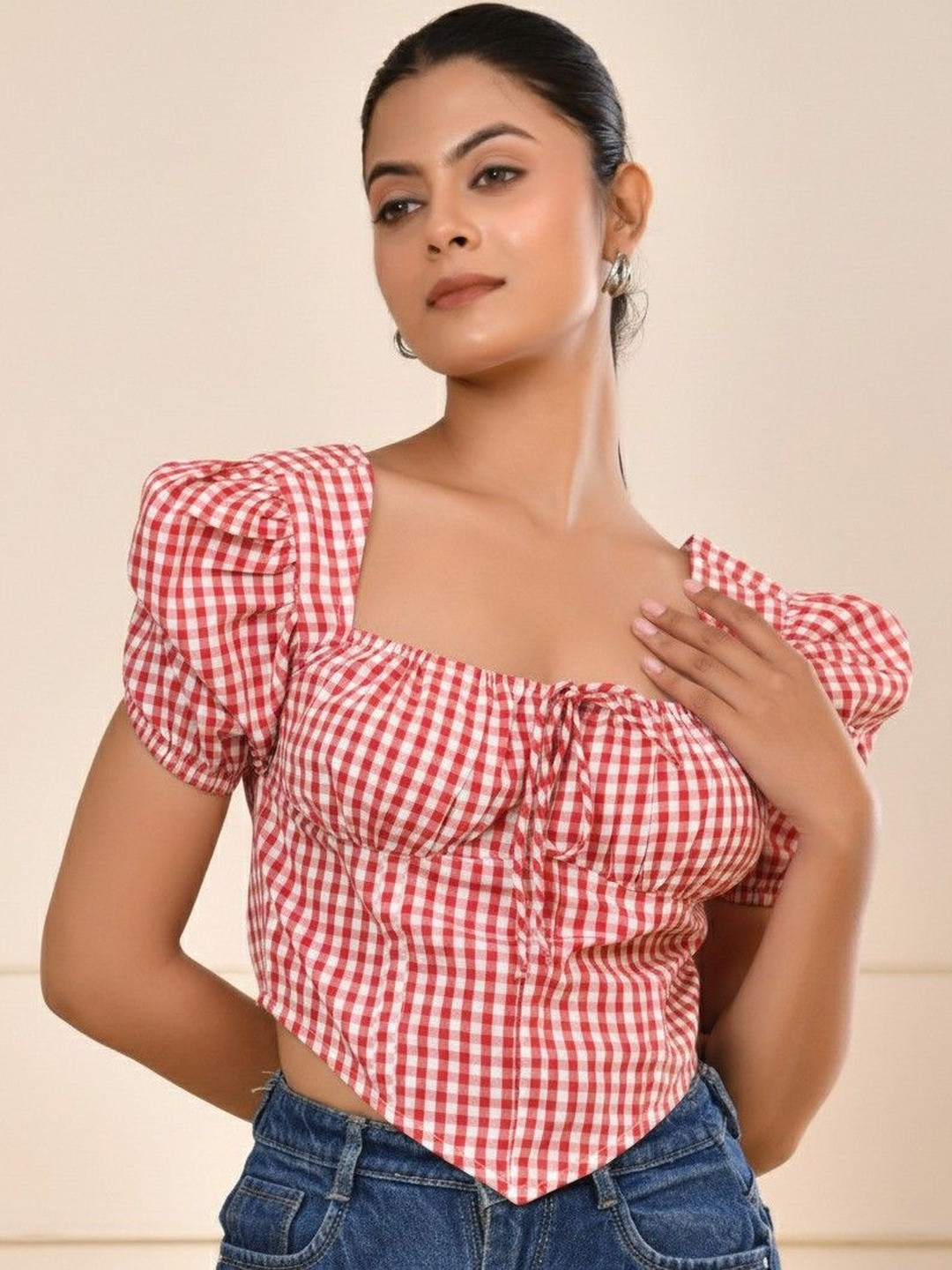 ELYRAA Checked Puff Sleeve Tie-Up Details Smocked Back Crop Top