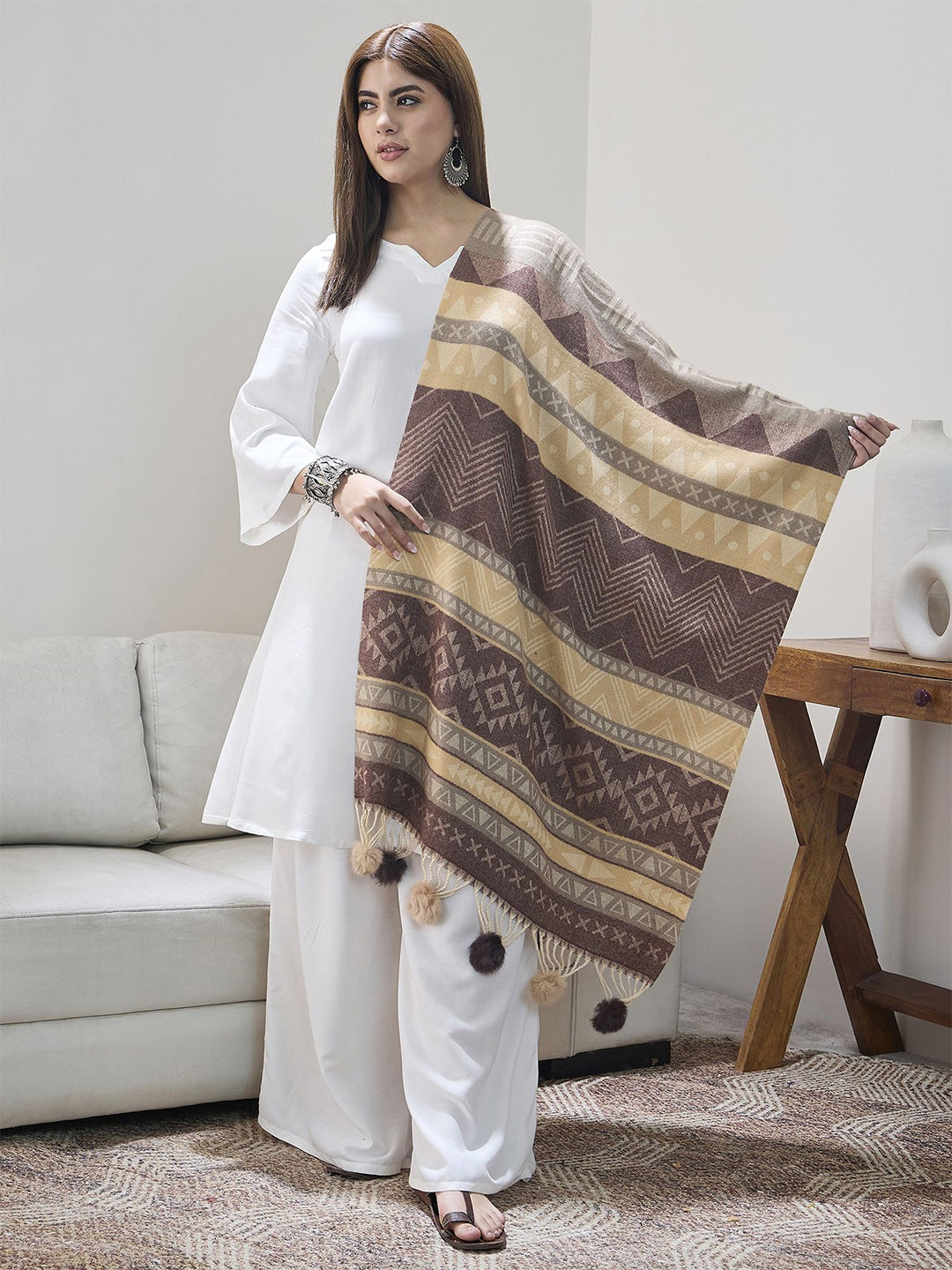 InWeave Women Geometric Printed Stole With Pompom Border