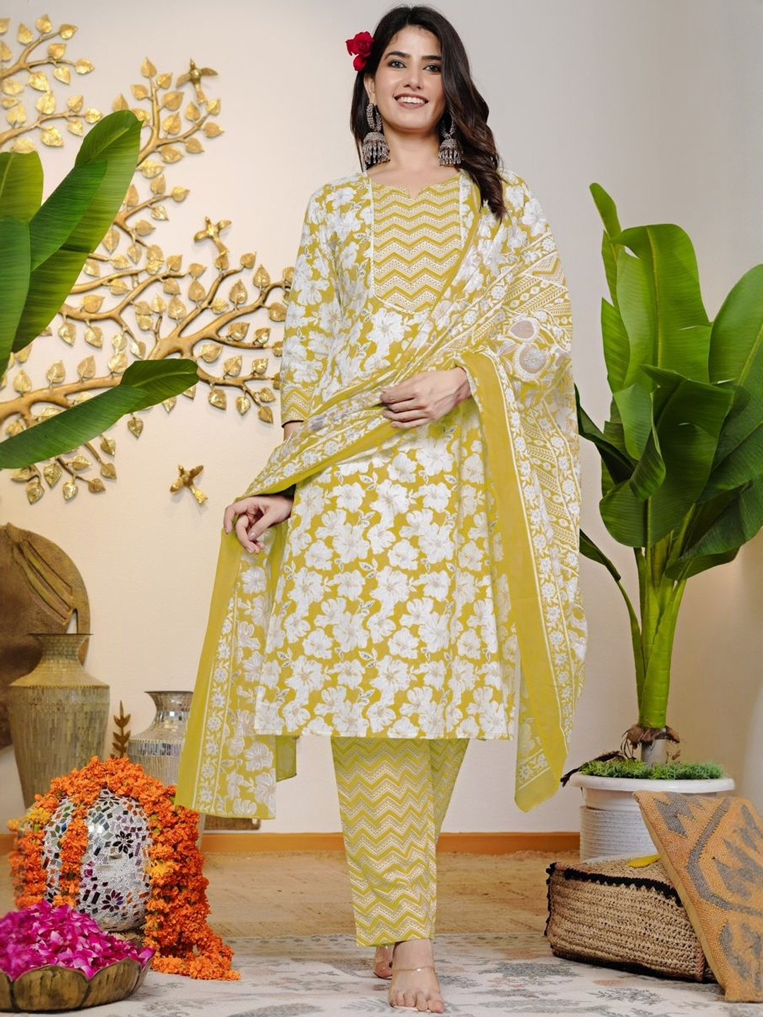 KALINI Women Floral Printed Regular Sequinned Pure Cotton Kurta with Trousers & With Dupatta