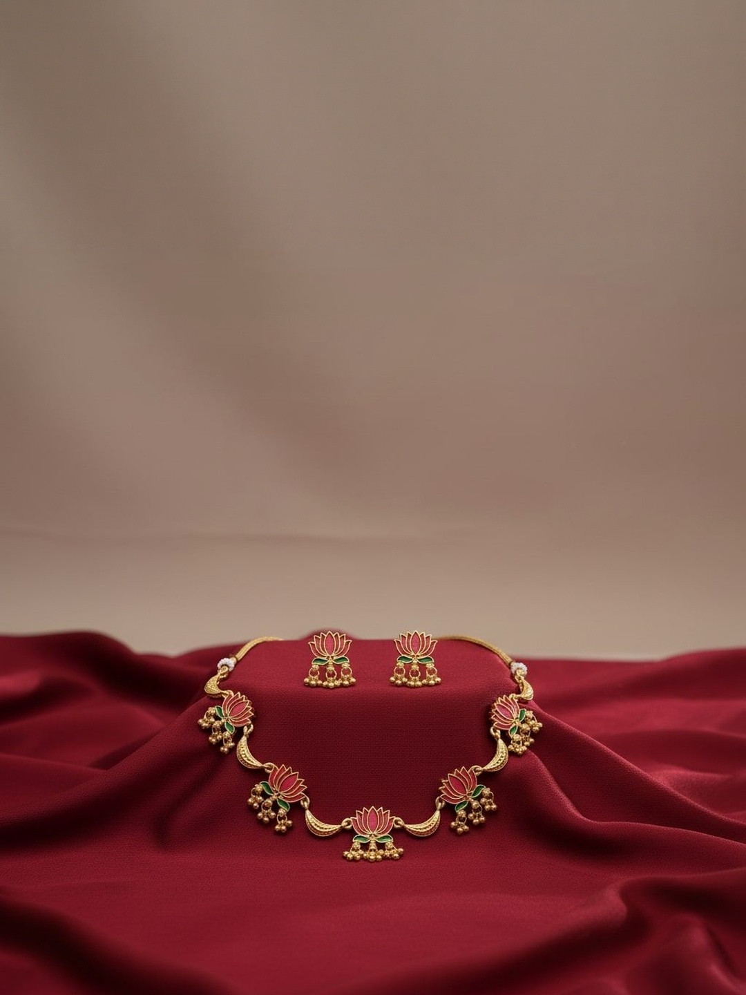 MISS ASTUTE Gold-Plated Artificial Beaded Kamalika Lotus Enamelled Necklace With Earrings