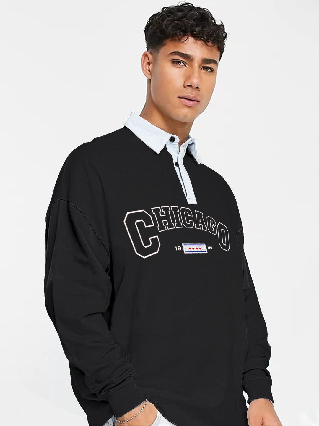 JUMPCUTS Typography Printed Polo Collar Long Sleeves Oversized T-shirt