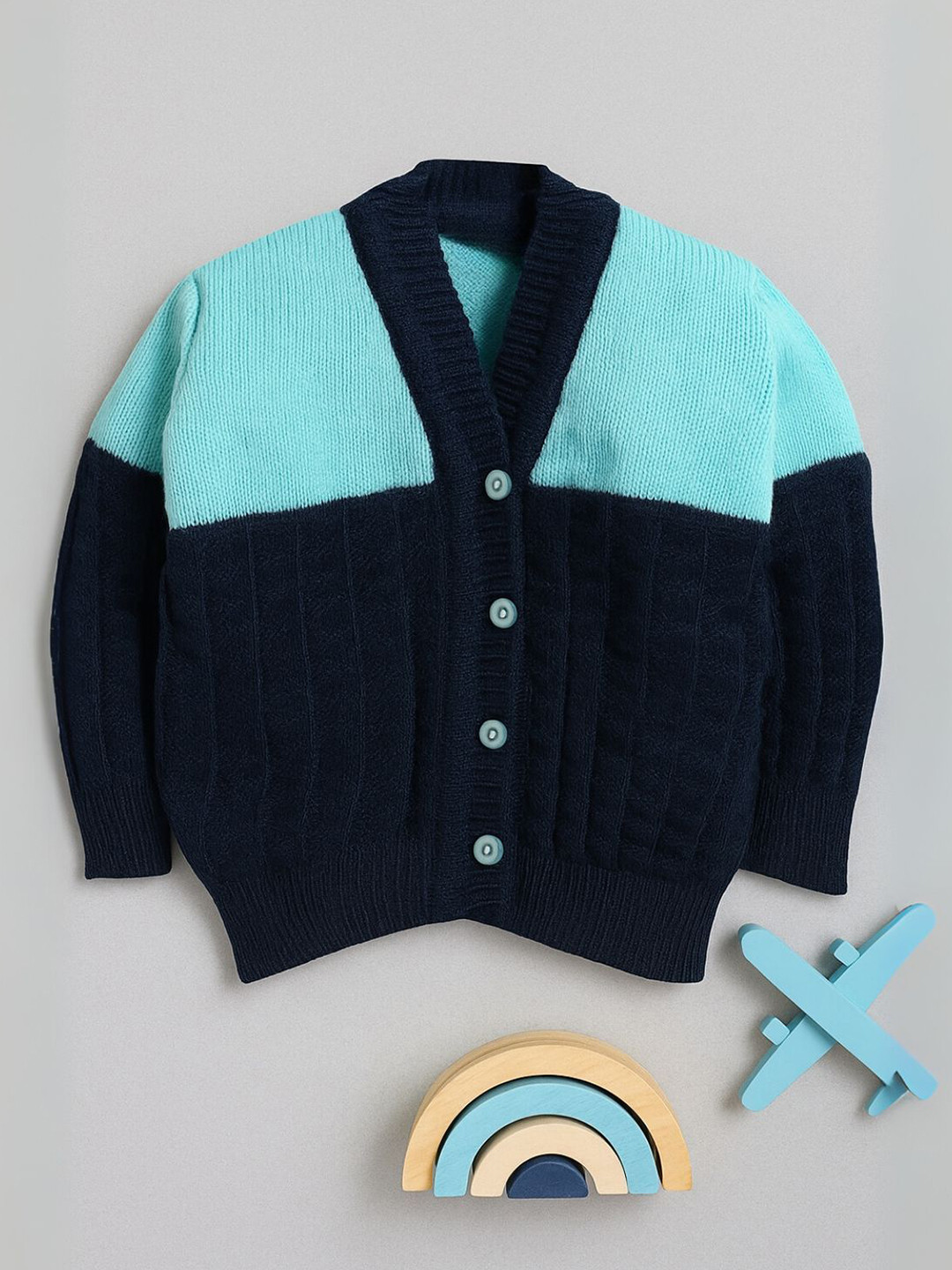 Little Angels Baby Boys Colourblocked Woolen V-Neck Full Sleeves Cardigan