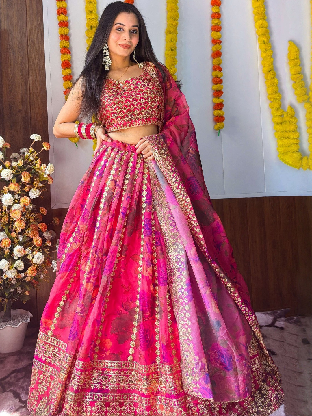 DIVASTRI Floral Embroidered Zari Ready To Wear Organza Lehenga & Blouse With Dupatta