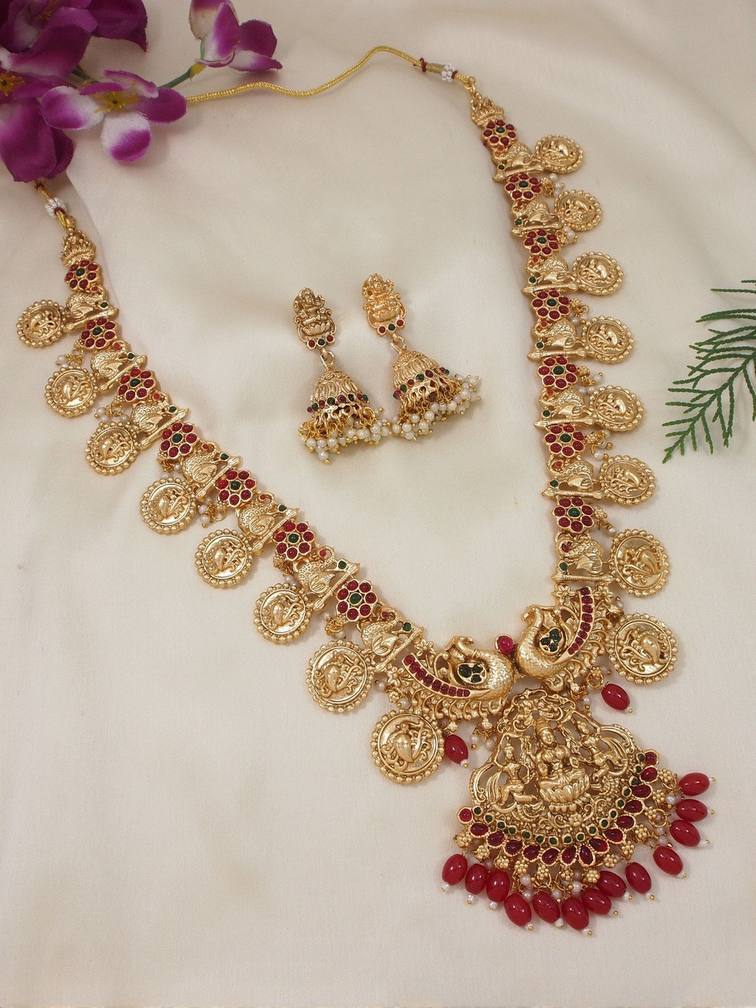 Anouk Gold Plated Stones Studded & Beaded Lakshmi Goddess Long Jewellery Set