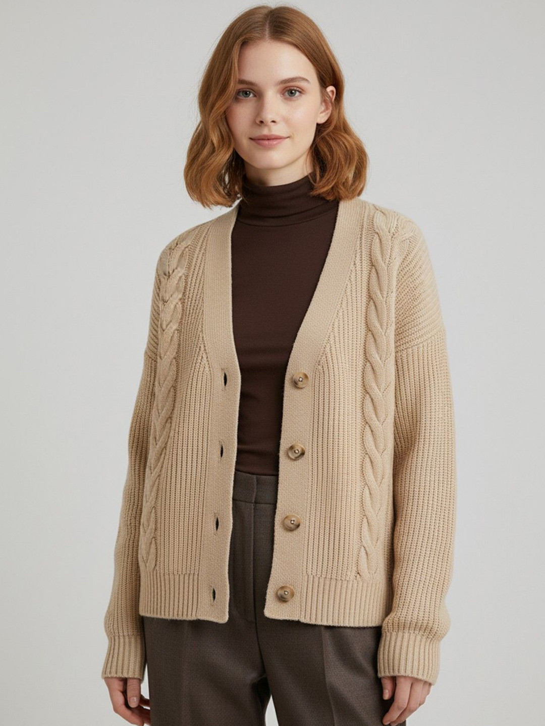 all about you Women Cream Cable Knit  Cotton Long Sleeves Cardigan