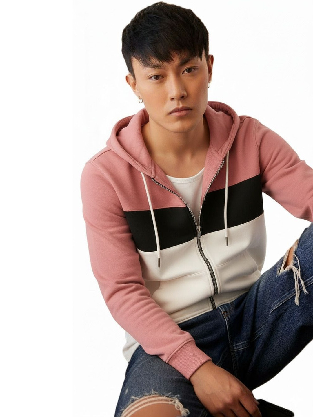 Try This Colourblocked Hooded Long Sleeves Front-Open Sweatshirt
