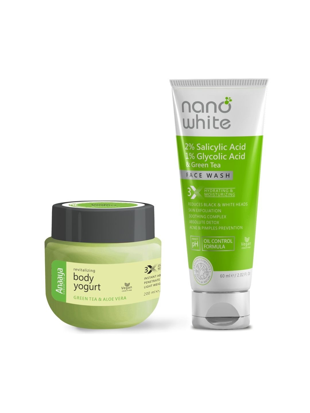 Anaaya Cosmetics Set Of 2 Green Tea & Aloe Body Yogurt 200ml & Salicylic Face Wash 60 ml