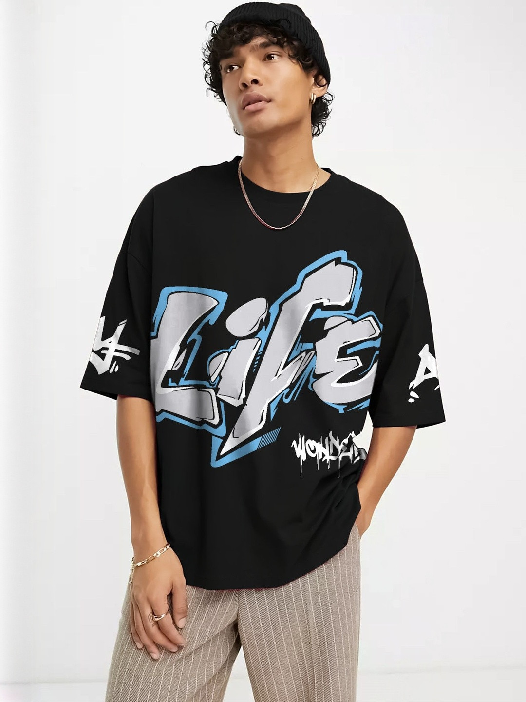 JUMPCUTS Typography Printed Round Neck Drop Shoulder Sleeves Oversized T-shirt